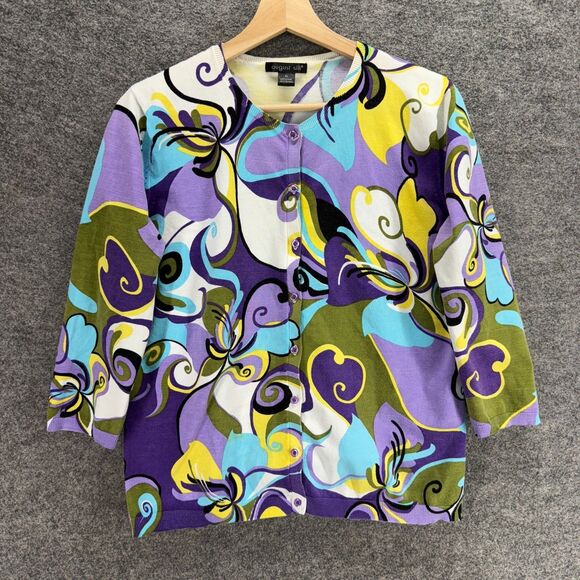 August Silk Cardigan Women XL Purple Geometric Button Up Long Sleeve Casual - Picture 1 of 6